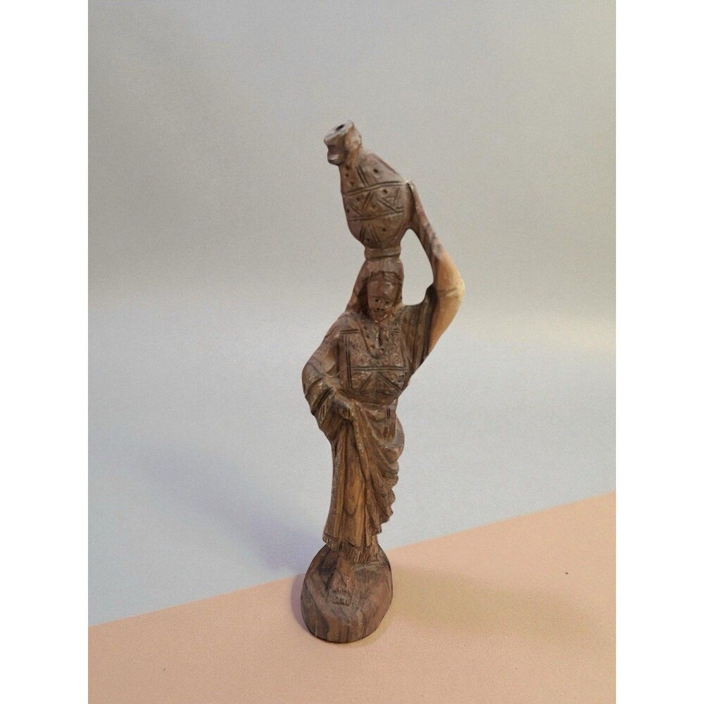 Vtg Olive Wood Art Sculpture Statue Figurine Carved Woman Carrying a Jar On Head